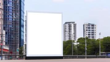 generativo ai, realista calle grande cartelera burlarse de arriba blanco para presentación publicidad. al aire libre firmar blanco en el futurista ciudad, negocio concepto foto