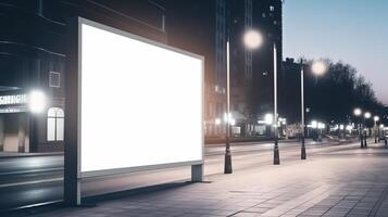 generativo ai, realista calle grande cartelera burlarse de arriba blanco para presentación publicidad. al aire libre firmar blanco en el futurista ciudad, negocio concepto foto