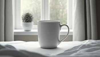 , Realistic white ceramic cup set-up in at home interior, mug mock up blank. Photorealistic illustration photo