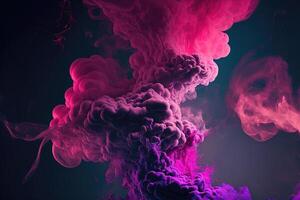 , Flowing liquid and smoke with splashes in magenta and purple color. Bright pink fluid banner, 3D effect, modern macro realistic abstract background illustration, ink in water effect. photo