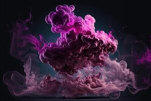Generative AI, Flowing liquid and smoke with splashes in magenta and purple color. Bright pink fluid banner, 3D effect, modern macro realistic abstract background illustration, ink in water effect. photo