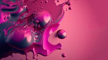, Flowing liquid with splashes in magenta color. Glossy pink fluid banner, 3D effect, modern macro photorealistic abstract background illustration. photo