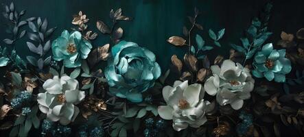 , Close up of blooming flowerbeds of amazing teal flowers on dark moody floral textured background. Photorealistic effect. photo