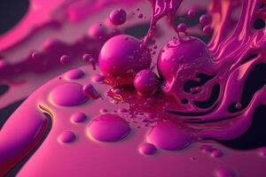 , Flowing liquid with splashes in magenta color. Glossy pink fluid banner, 3D effect, modern macro photorealistic abstract background illustration. photo