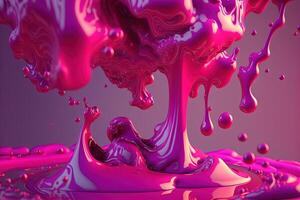 , Flowing liquid with splashes in magenta color. Glossy pink fluid banner, 3D effect, modern macro photorealistic abstract background illustration. photo