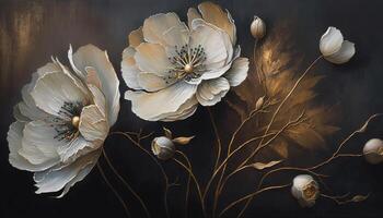 , Close up of blooming flowerbeds of amazing white and golden flowers on dark moody floral textured background. Photorealistic effect. photo