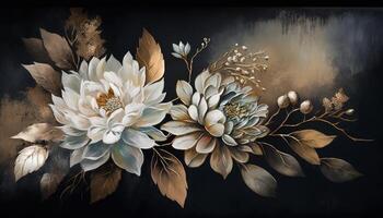 , Close up of blooming flowerbeds of amazing white and golden flowers on dark moody floral textured background. Photorealistic effect. photo