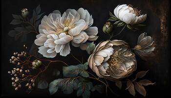 , Close up of blooming flowerbeds of amazing white and golden flowers on dark moody floral textured background. Photorealistic effect. photo
