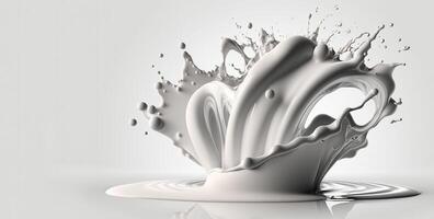 , Flowing liquid with splashes in white color. Glossy cream milk fluid banner, 3D effect, modern macro photorealistic abstract background illustration. photo