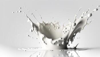 , Flowing liquid with splashes in white color. Glossy creamy milk fluid banner, 3D effect, modern macro photorealistic abstract background illustration. photo