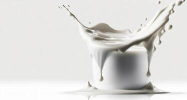 , Flowing liquid with splashes in white color. Glossy cream milk fluid banner, 3D effect, modern macro photorealistic abstract background illustration. photo