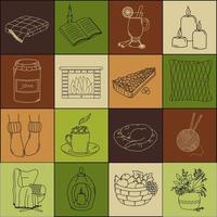 Cozy home. Set of 16 vector elements in doodles style