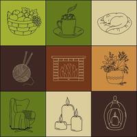 Cozy home. Set of 9 vector elements in doodles style