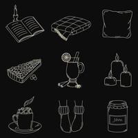 Cozy home. Set of 9 vector elements in doodles style