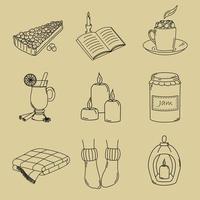 Cozy home. Set of 9 vector elements in doodles style