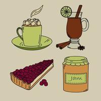 Autumn desserts. Set of 4 vector elements in doodles style