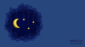 Cute night sky background with paper clouds, 3d moon and stars. vector