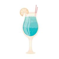 Vector isolated illustration on white background. A glass of blue alcoholic or non-alcoholic cocktail with a straw and a lemon wedge. Design element for bar or restaurant menu.