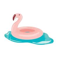 Vector isolated illustration on white background. Cute cartoon pink flamingo lifebuoy in azure water. Design element for decoration on the theme of beach summer vacation.