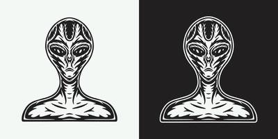 Vintage retro space alien ufo. Can be used for logo, badge, label. mark, poster or print. Monochrome Graphic Art. Vector Illustration. Woodcut lincut