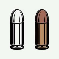 Set of retro vintage bullets in monochrome and color mode. 9mm ammo for pistol gun. Line woodcut style. Monochrome Graphic Art. Vector