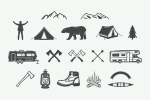 Set of vintage camping outdoor and adventure elements. Can be used logos, badges, labels, emblems, marks and design elements. Graphic Art. Vector