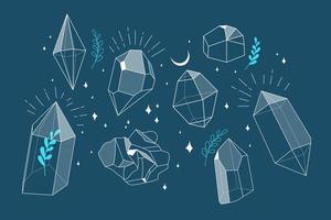 Crystal gems outline set. Magic crystal concept. Modern vector illustration. Transparent line art gems with leaves and stars. Minimalistic design for web.