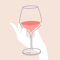 Woman s hand holding glass of red wine. Flat illustration for greeting cards, postcards, invitations, menu design. Line art template vector
