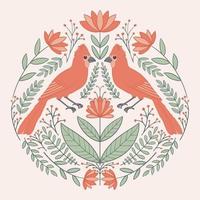 Symmetrical ornament with birds, flowers and leaves with different folk compositions. Motif in scandinavian style. Ethnic flat illustration with paper texture in trendy colors. vector