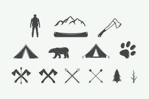 Set of vintage camping outdoor and adventure elements. Can be used logos, badges, labels, emblems, marks and design elements. Graphic Art. Vector