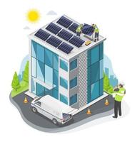 Solar palnels Roof top installation Engineer installer team service Office Work Station Glass city Building save energy ecology concept isometric isolated illustration cartoon vector