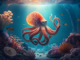 Octopus in Colorful Coral Reef Habitat, photo