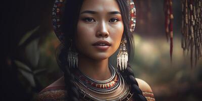 Tribal Beauty, Young Asian Woman in Traditional Dress. photo