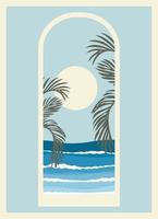 Minimalist seaside landscape view through window. Sea and palms poster. Minimalistic style architecture. Vector illustration.