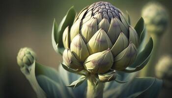 , Artichoke macro photorealistic illustration, agricultural vegetable. Nature organic healthy farm food concept, horizontal banner. photo