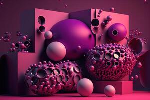 , geometric figures, cube, floating spheres and balls in magenta color. Glossy pink fluid banner, 3D scene effect, modern macro photorealistic abstract background illustration. photo