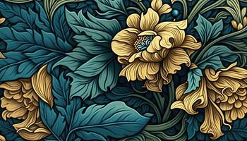 generativo ai, floral amarillo, azul, verde colores modelo. Guillermo morris inspirado natural plantas y flores fondo, Clásico ilustración. follaje ornamento. foto
