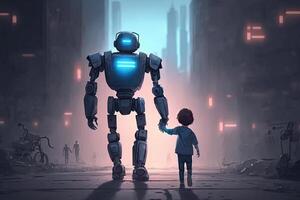 Giant robot and child walking together at sunset. Best friends. Friendship between artificial intelligence and people. Created with photo