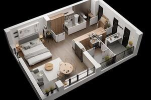 Apartment visualization, design project. Architectural plan for renovation. Living room interior, top view. Created with photo