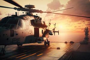 Military helicopter on warship board at sunset. Navy helicopter on board the aircraft carrier in the sea. Created with photo