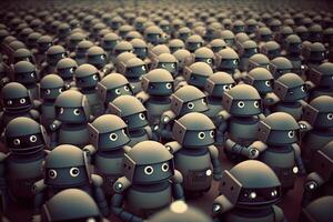 Robot crowd in rows. Robot army. Created with photo