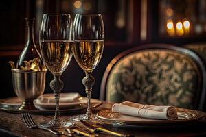 Restaurant interior with two glasses of champagne on the table. Romantic dating in luxury restaurant. Decorations for event. Created with photo