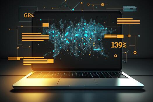 Laptop with network connection illustration. Analitical data infographic. Created with photo