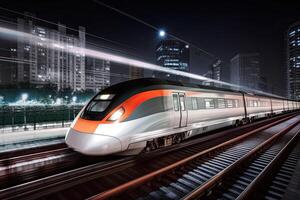 moderno alto velocidad tren a noche. rápido tren en ciudad con movimiento difuminar efecto, público transporte. ferrocarril transporte. creado con generativo ai foto