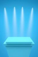 blue rectangle podium on blue background with spotlights. pedestal for product display, 3d rendered photo