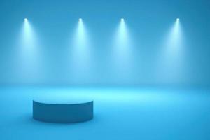 blue round podium on blue background with spotlights. pedestal for product display, 3d rendered photo