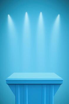 blue rectangle podium on blue background with spotlights. pedestal for product display, 3d rendered photo