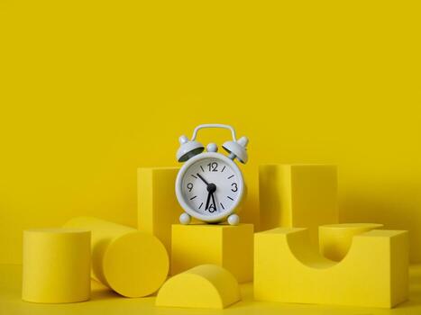 composition with podiums for the presentation of products. A scene layout with geometric shapes and a clock. copy space. photo