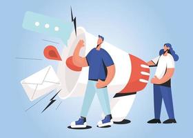 Two people hold huge loudspeaker make sale or discount promotion announcement. Person with megaphone scream shout announce news or deal. Feedback, ad. Flat vector illustration.