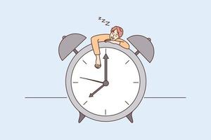 Tired young man sleep doze on huge clock feel overwhelmed. Exhausted male fall asleep nap on watch, need relaxation. Tiny people. Overwork, burnout, fatigue concept. Flat vector illustration.